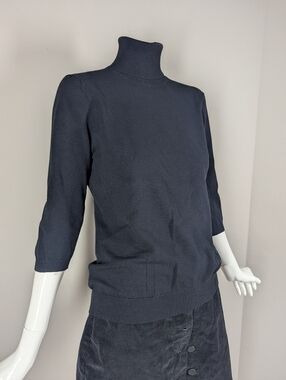 Teenflo Designer Black Turtleneck Sweater Minimalist Fitted Knit 3/4 Sleeve